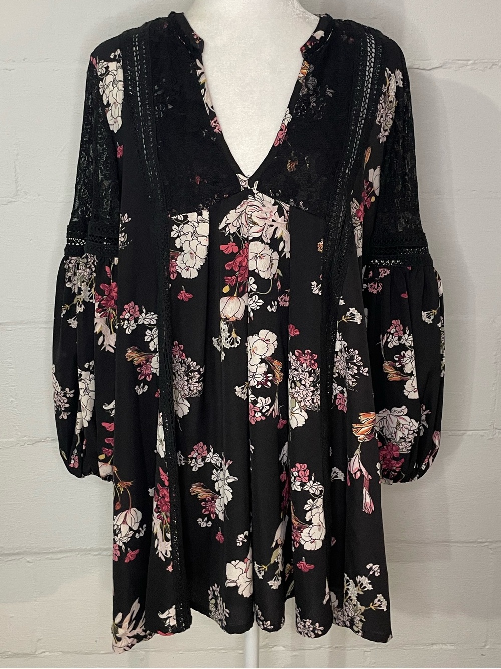 POL Black Floral Mini Dress with Pink and Cream Blooms